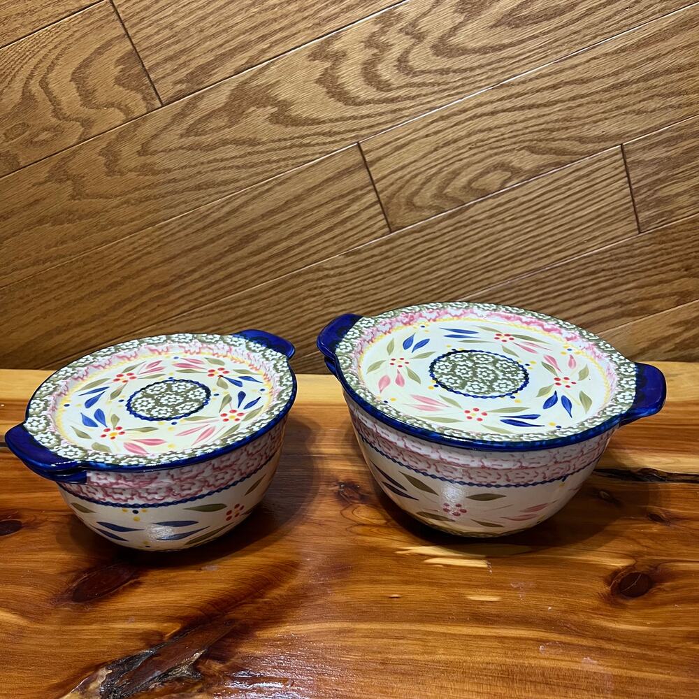 Temp-tations Old World Ceramic Bakeware Nesting Bowls W Lids 1 & 1.5 QT Set - Picture 7 of 9